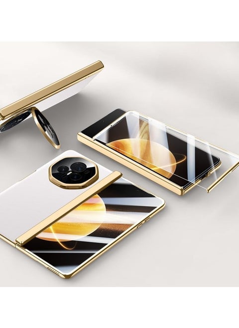 Shell compatible with Honor Magic V3, 【built-in screen protector】 Plated frame PU leather metal camera bracket Hinge protector sleeve with tempered film