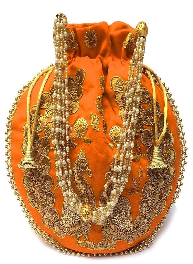 STLYZ Embroidered Silk Potli Bag For Women, Peacock Design Tradtional Potli Handbag Wristlets Ethnic Bridal Potli Batwa Bag For Ladies For Wedding Return Gifts (PeacockPotli_Packof3) - Image 3