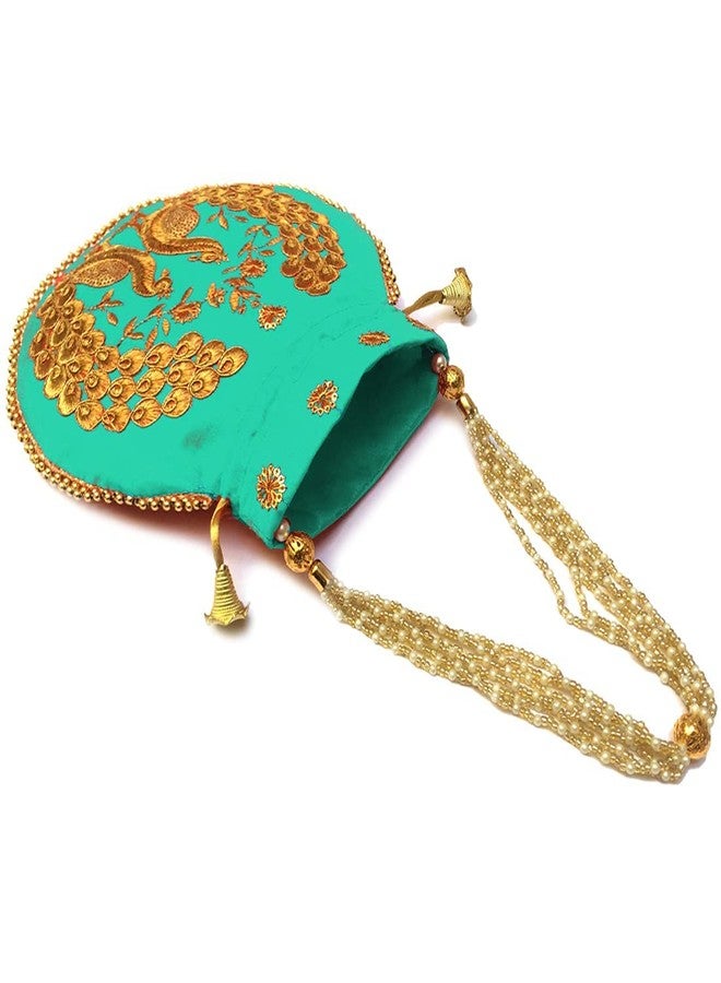 STLYZ Embroidered Silk Potli Bag For Women, Peacock Design Tradtional Potli Handbag Wristlets Ethnic Bridal Potli Batwa Bag For Ladies For Wedding Return Gifts (PeacockPotli_Packof3) - Image 2