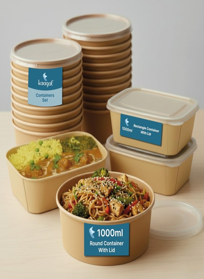 Kaagat® Disposable Containers For Food | Round & Rectangular Paper Food Containers Set with Lids | Microwave & Fridge Safe Take Out Box & Storage Containers for Hot/Cold Foods- 1000ml, 50+50 Pack - Image 1