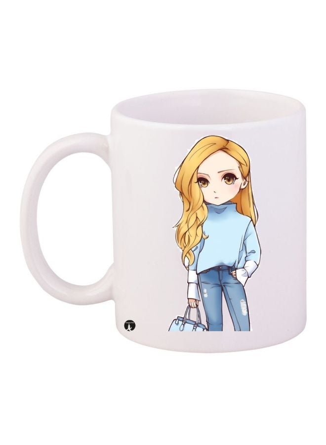 RYN Cartoon Girl Printed Coffee Mug White/Beige/Blue 11ounce