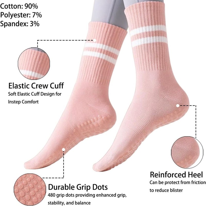 PUJANE 5 Pairs Grip Pilates Socks for Women, Non Slip Yoga Athletic Long Crew Socks for Barre Ballet Gym Workout - Image 2