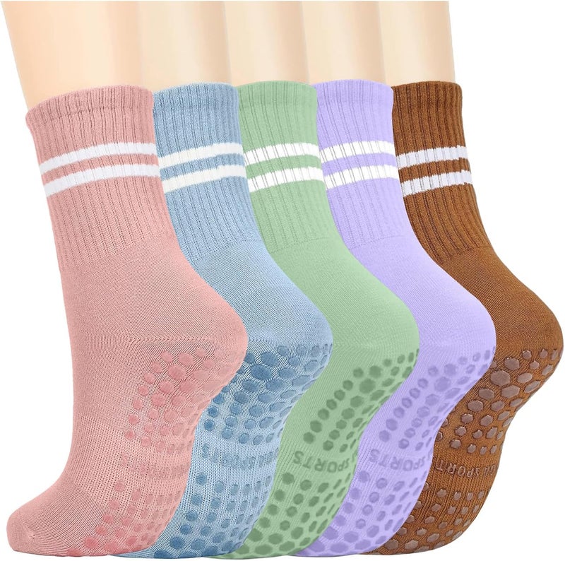 PUJANE 5 Pairs Grip Pilates Socks for Women, Non Slip Yoga Athletic Long Crew Socks for Barre Ballet Gym Workout - Image 1