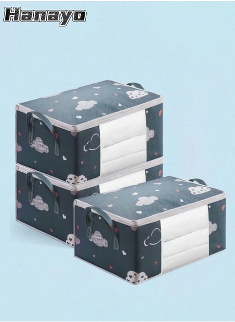 3 Pcs Storage Bags Foldable Closet Organizers Storage Containers with Handle Clear Window Storage Containers for Bedding Comforters(Navy)