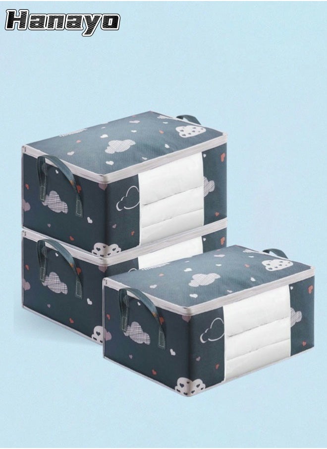 3 Pcs Storage Bags Foldable Closet Organizers Storage Containers with Handle Clear Window Storage Containers for Bedding Comforters(Navy)