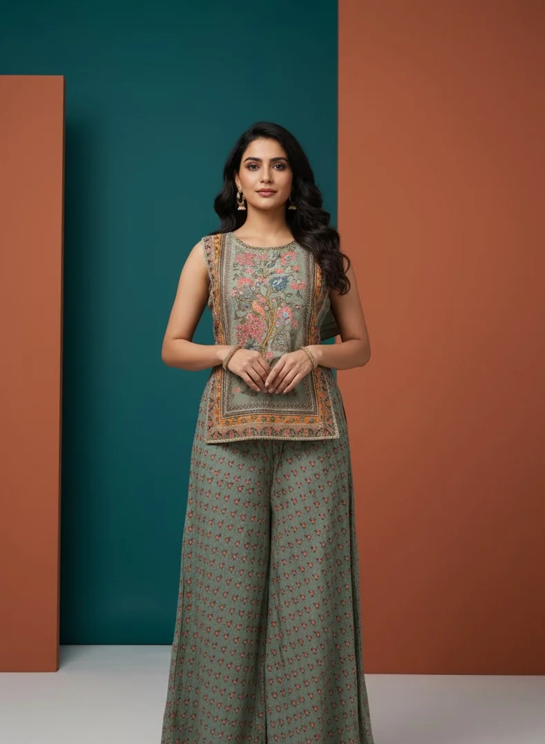Lehar Grey Printed Co-Ord Set with Intricate Floral Motifs