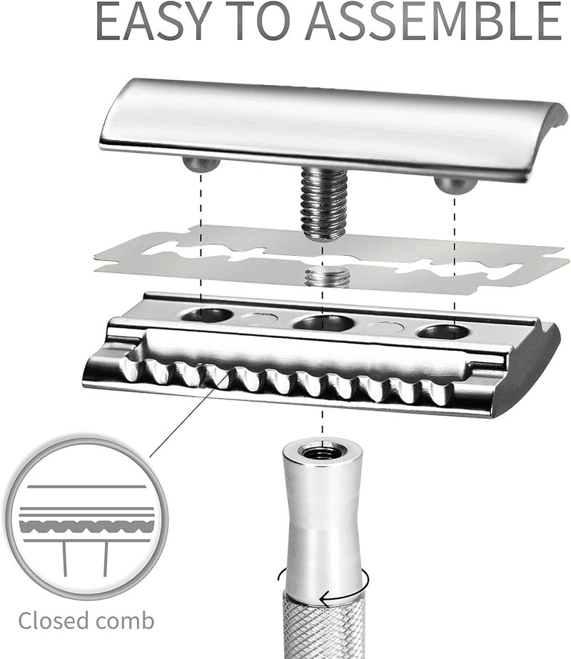 YOOJ ® Double Edge Safety Razor with 10 Safety Razor Blades, Razors for Men with Stand, Double Edge Safety Razors for Men, Suitable for Home, Travel (Silver) - Image 4