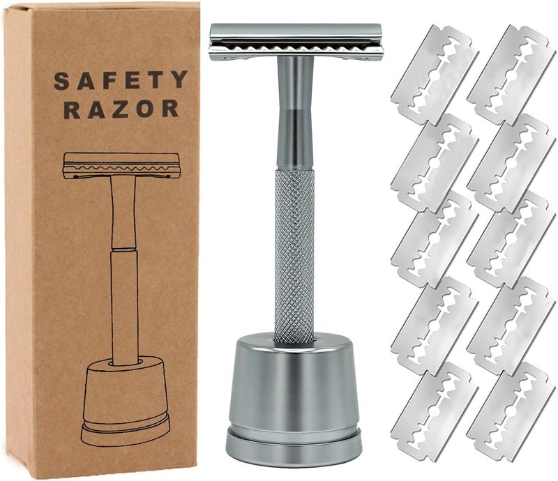 YOOJ ® Double Edge Safety Razor with 10 Safety Razor Blades, Razors for Men with Stand, Double Edge Safety Razors for Men, Suitable for Home, Travel (Silver) - Image 1