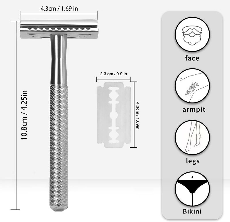 YOOJ ® Double Edge Safety Razor with 10 Safety Razor Blades, Razors for Men with Stand, Double Edge Safety Razors for Men, Suitable for Home, Travel (Silver) - Image 3