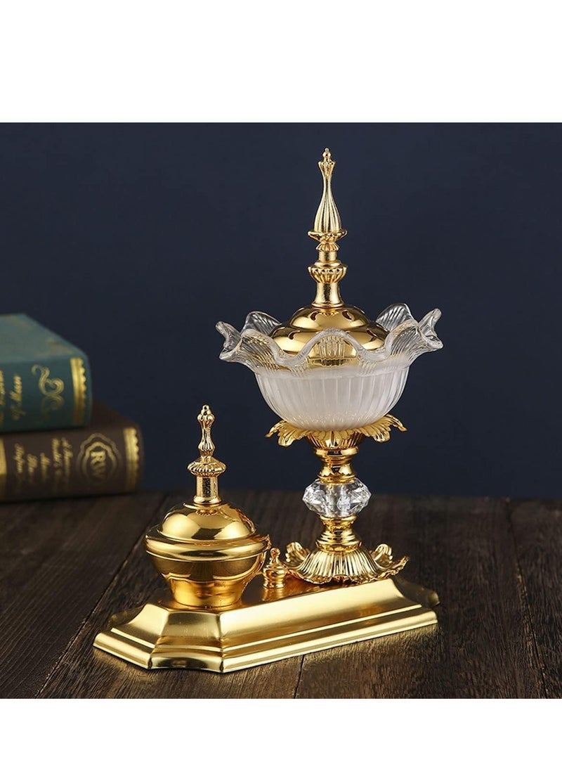 SYOSI Bakhoor Charcoal Incense Burner Set In gold with tray, With Round Shape Mabkhara Suitable Study, Bedroom, Yoga Room, Office Holder Desktop Censer Decor - Image 1