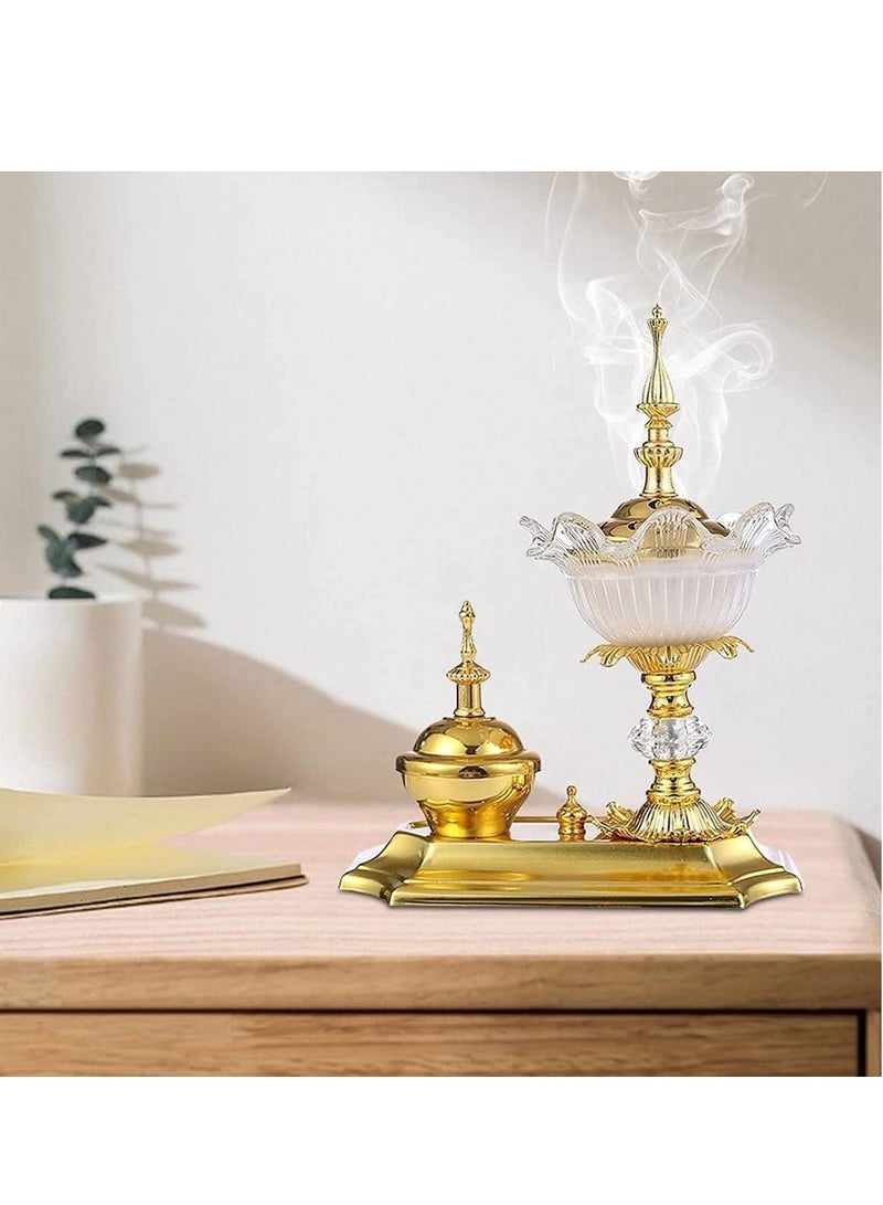 SYOSI Bakhoor Charcoal Incense Burner Set In gold with tray, With Round Shape Mabkhara Suitable Study, Bedroom, Yoga Room, Office Holder Desktop Censer Decor - Image 2