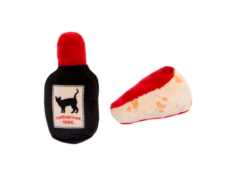 Pearhead Pet Cheese Wine Cat Toys Set of 2 Plush Catnip Toys with Crinkle Rattle Valentines Day Interactive Cat Toys for Indoor Cats - Image 2