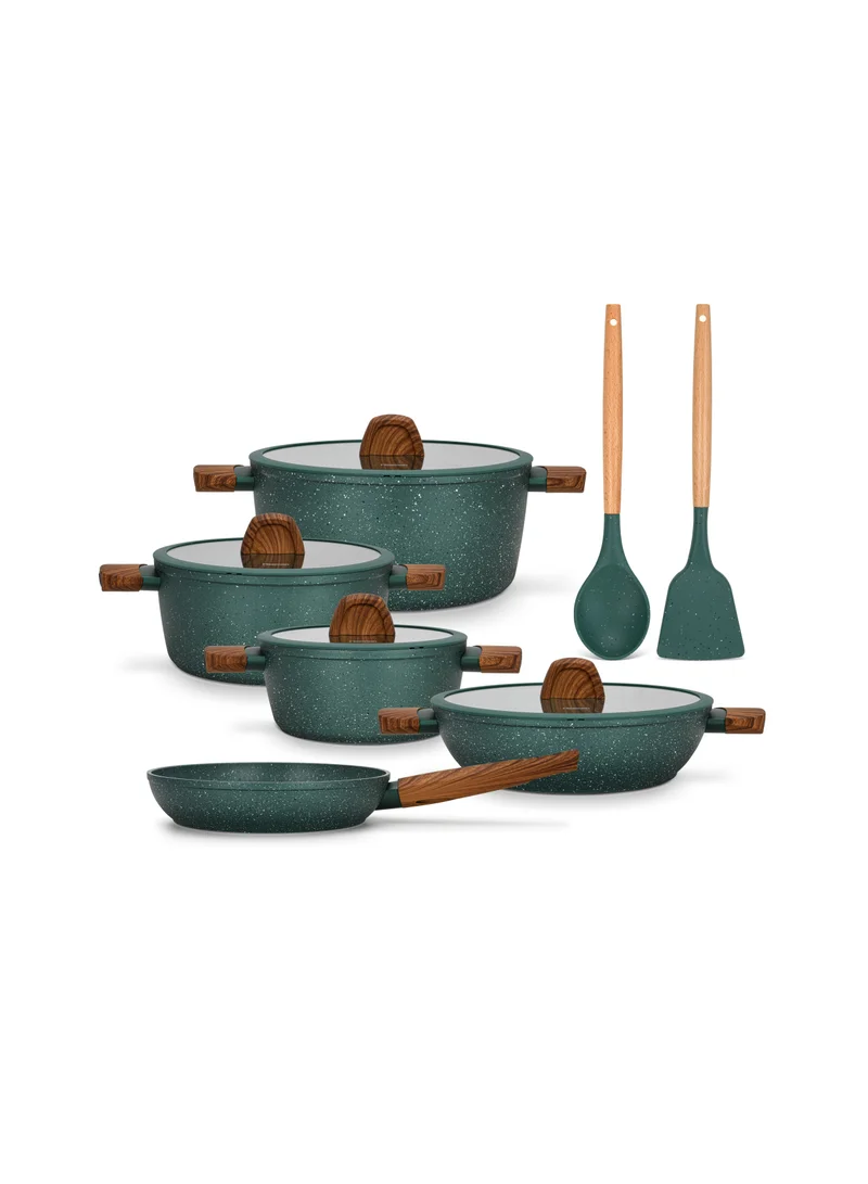 فيسمان 11-Piece Cookware Set Falak Aluminum with Non-Stick Coating Stockpot, Shallow Casserole, Frying Pan Cooking Spoon And Turner