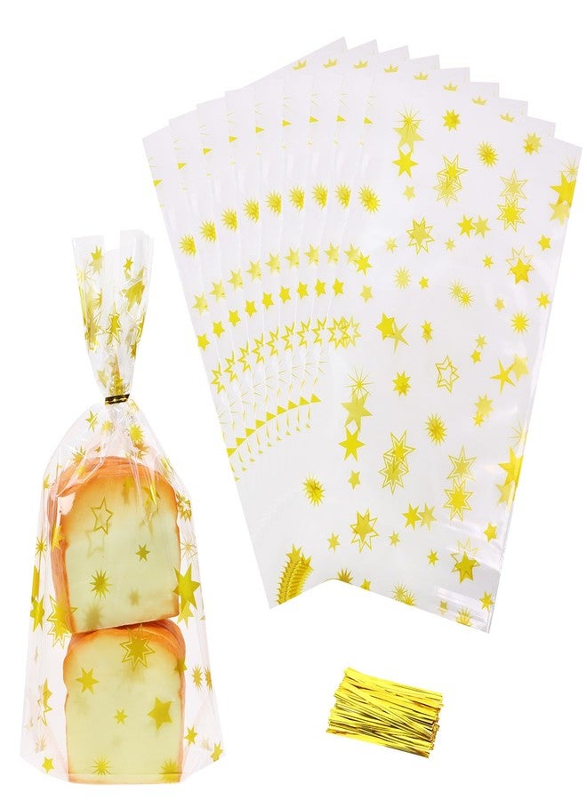 Mini Skater Gold Star Printed Cellophane Bags Clear Plastic Candy Goodie Cookie Treat Gift Storage Poly Bags with Twist Ties for Wedding Christmas Bridal Shower Birthday Party Favor Supplies, Pack of - Image 1