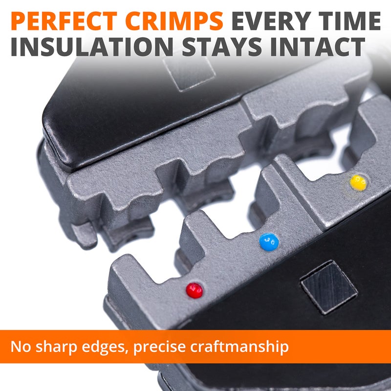 Wirefy Wire Crimping Tool Kit | Crimpers & 6 Slide in Dies | Ratcheting Wire Crimper Tool | Terminal Crimp Pliers | for Heat Shrink, Non Insulated, Open Barrel, Flag, Ferrule, Insulated Connectors - Image 4