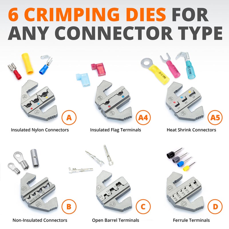 Wirefy Wire Crimping Tool Kit | Crimpers & 6 Slide in Dies | Ratcheting Wire Crimper Tool | Terminal Crimp Pliers | for Heat Shrink, Non Insulated, Open Barrel, Flag, Ferrule, Insulated Connectors - Image 2