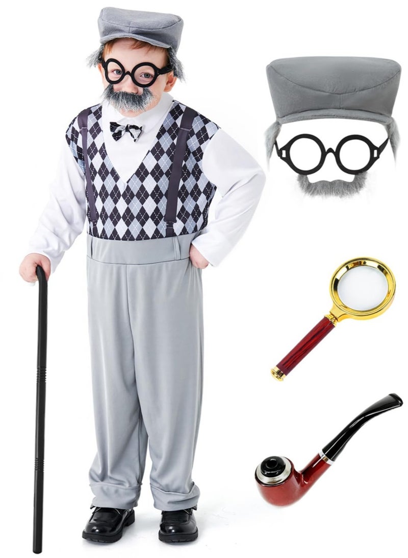 SOLARAE Old Man Costume Kids, Boys 100 Days of School Costume Grandpa Costume Kids 100 Year Old Costume Boys Dress up, M Size - Image 1