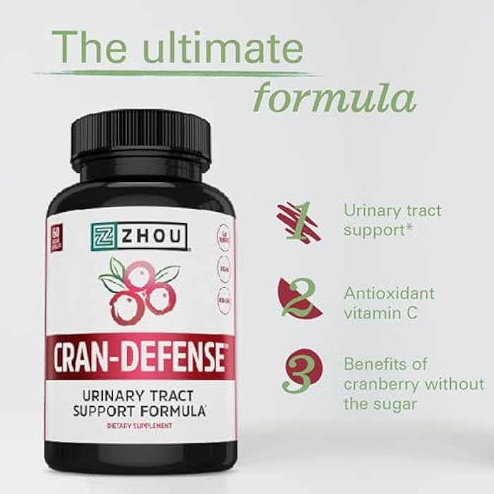 Zhou Cran-Defense - Cranberry Pills for Women & Men, D Mannose with Cranberry Extract, 1000 mg D-Mannose Per Capsule for Urinary Tract Health, Antioxidant Support - 60 Veggie Capsules - Image 3