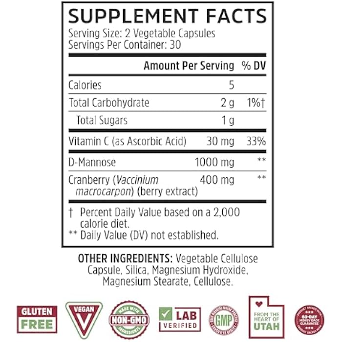 Zhou Cran-Defense - Cranberry Pills for Women & Men, D Mannose with Cranberry Extract, 1000 mg D-Mannose Per Capsule for Urinary Tract Health, Antioxidant Support - 60 Veggie Capsules - Image 2