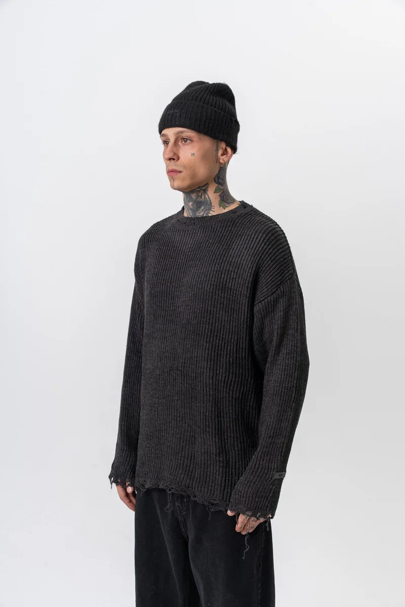 ريسباير كنزة رجالية محبوكة بنسيج مضلع/منسوج، فحمي