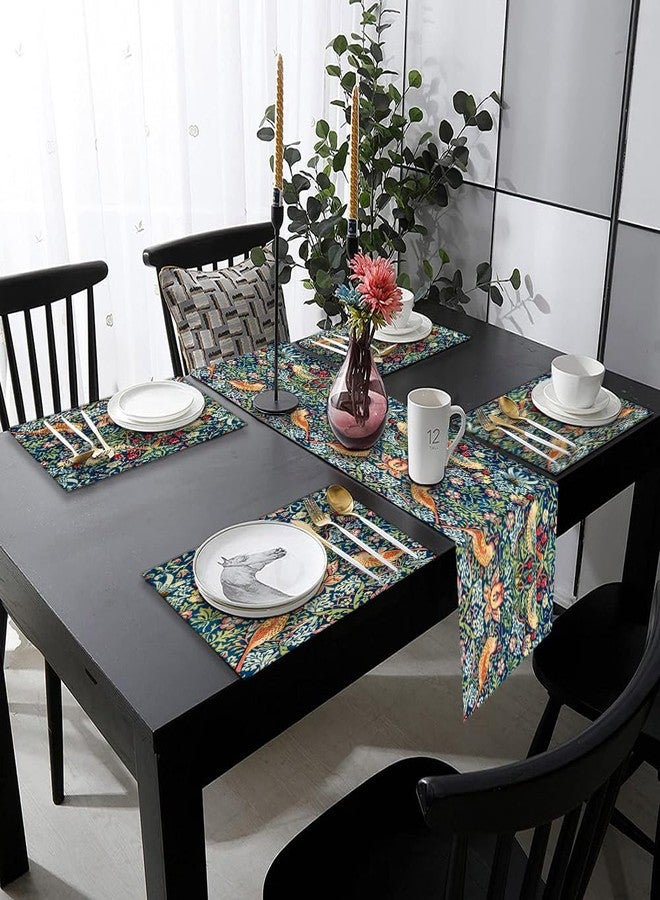 rouihot Cotton Linen Table Runner and Placemats Set of 6,William Morris Strawberry Thief Floral Pattern Home Table Decor for Dining Farmhouse Wedding Party Holiday Dinner,13X70 Inches - Image 3