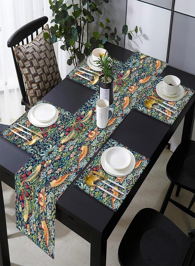 rouihot Cotton Linen Table Runner and Placemats Set of 6,William Morris Strawberry Thief Floral Pattern Home Table Decor for Dining Farmhouse Wedding Party Holiday Dinner,13X70 Inches - Image 2