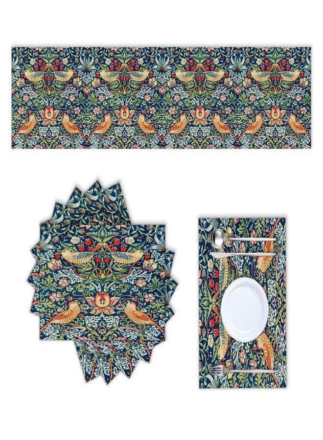 rouihot Cotton Linen Table Runner and Placemats Set of 6,William Morris Strawberry Thief Floral Pattern Home Table Decor for Dining Farmhouse Wedding Party Holiday Dinner,13X70 Inches - Image 1
