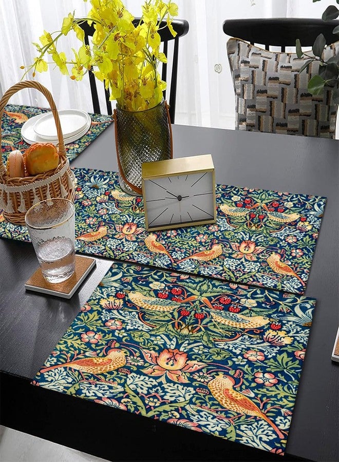 rouihot Cotton Linen Table Runner and Placemats Set of 6,William Morris Strawberry Thief Floral Pattern Home Table Decor for Dining Farmhouse Wedding Party Holiday Dinner,13X70 Inches - Image 4