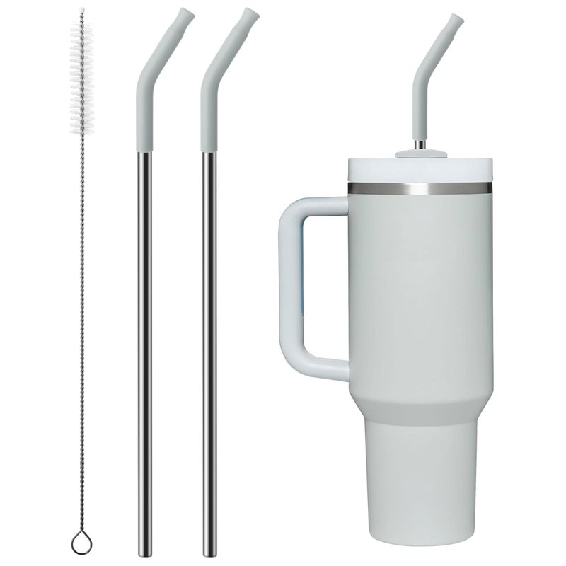 Bluwing Metal Straw with Silicone Tip for 40oz Stanley Cup 2 Pcs Stainless Steel Straws Replacement for Stanley 40 oz Adventure Quencher Travel Tumbler Cup 1 Straw Brush Light Gray