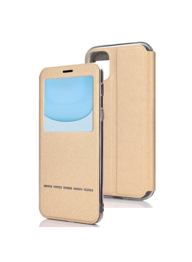 HuHa Case Cover For iPhone 11  Matte Texture Horizontal Flip Bracket Mobile Phone Holster Window with Caller ID and Metal Button Slide To Unlock(Gold) - Image 1