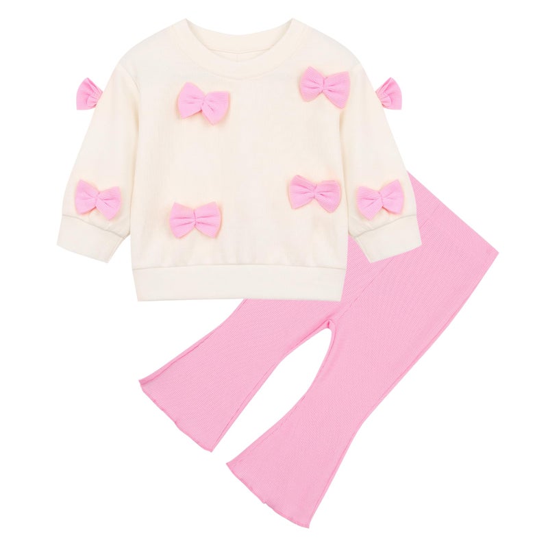 Korago Fall Baby Girl Clothes 2 Piece Set, Long Sleeve Knit Top with Bow & Pink Flare Pants, 6M to 3T Toddler Girl Outfits (Pink, 12-18 Months) - Image 1