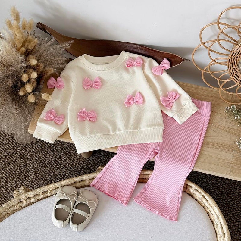 Korago Fall Baby Girl Clothes 2 Piece Set, Long Sleeve Knit Top with Bow & Pink Flare Pants, 6M to 3T Toddler Girl Outfits (Pink, 12-18 Months) - Image 5