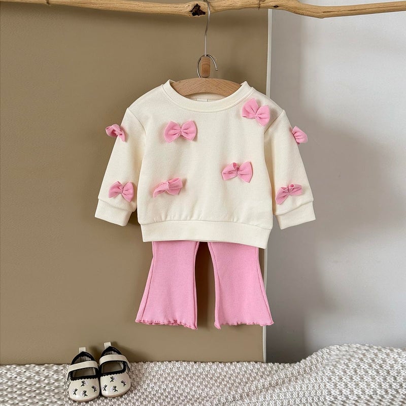 Korago Fall Baby Girl Clothes 2 Piece Set, Long Sleeve Knit Top with Bow & Pink Flare Pants, 6M to 3T Toddler Girl Outfits (Pink, 12-18 Months) - Image 3