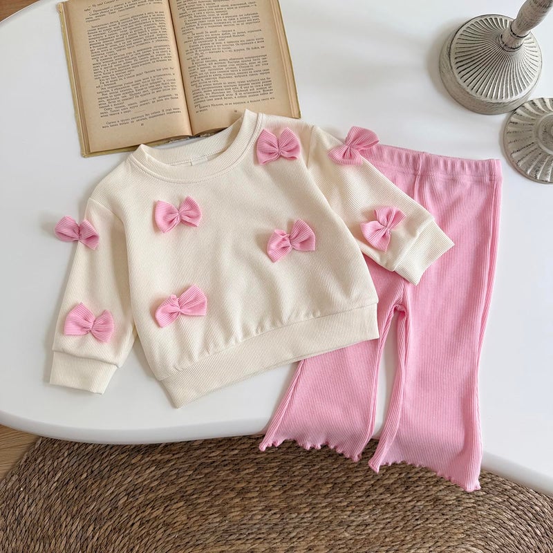 Korago Fall Baby Girl Clothes 2 Piece Set, Long Sleeve Knit Top with Bow & Pink Flare Pants, 6M to 3T Toddler Girl Outfits (Pink, 12-18 Months) - Image 4