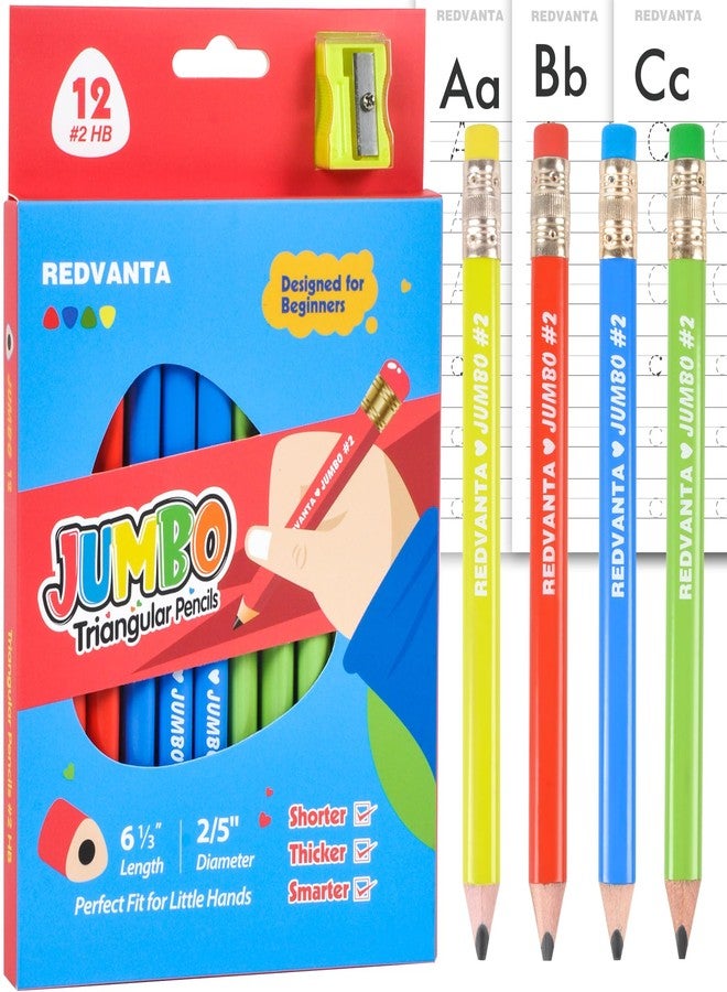 REDVANTA Pre-sharpened Jumbo Pencils #2 for Toddlers, Triangular Fat pencils with Erasers for Preschoolers, Beginners, Kindergarten, School 12 Count - Image 1
