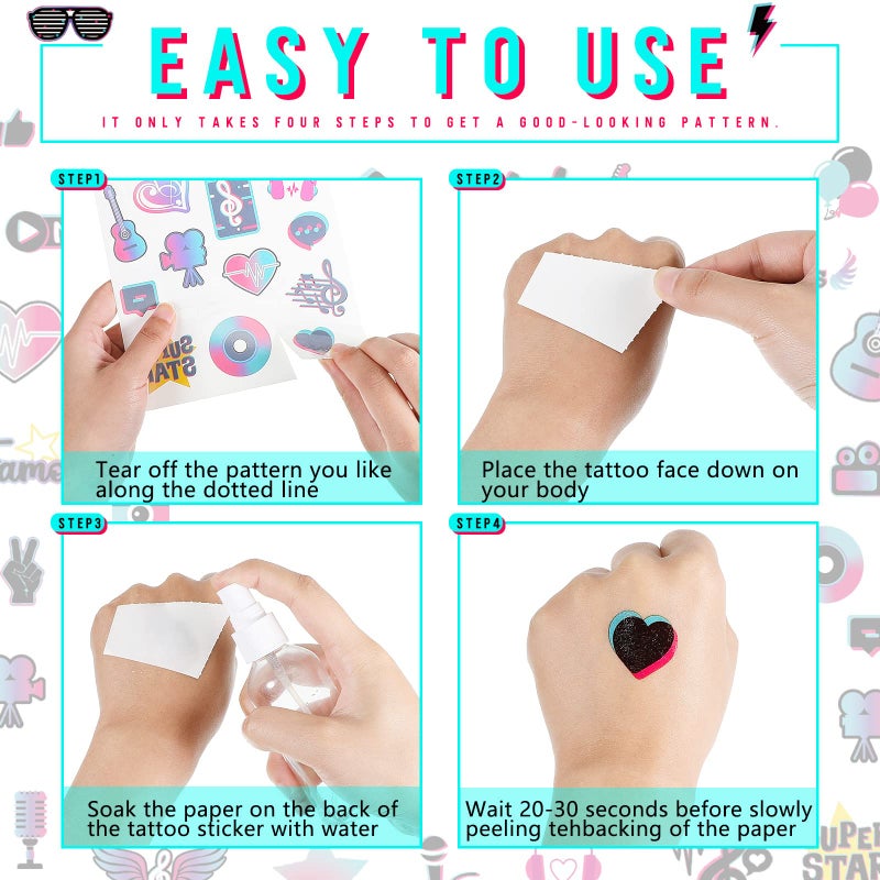 Maitys 288 Pcs Temporary Tattoos - Mixed Style Hand Wrist Body Art for Kids - Disco Tattoo Stickers for Children's Music Theme Party Supplies - Boys & Girls Birthday Gifts - Image 3