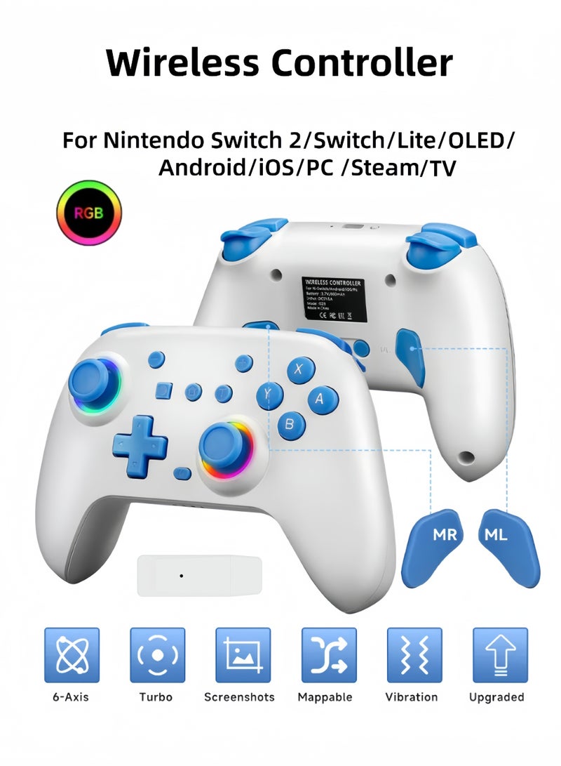 CoolRabbie RGB Wireless Switch Controller for Nintendo Switch 2,Switch Pro Controller for Switch/OLED/Lite/PC/Steam Deck/TV,Gamepad Hall Effect Joystick Trigger with 7 Colors LED Light/3-level TURBO Adjustable,4-Speed Dual Vibration,Support Wake Up and Gyro Axis Motion - Image 1