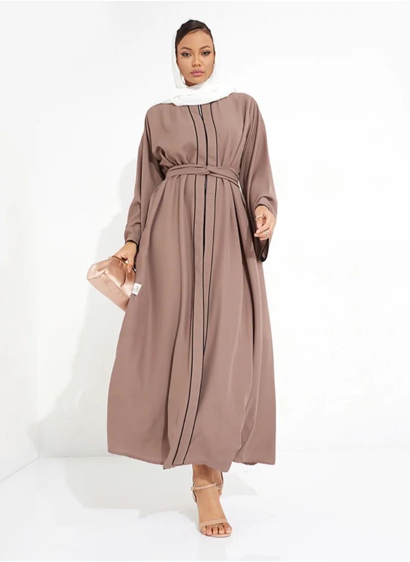 Rosette Abaya Brown Piping Abaya