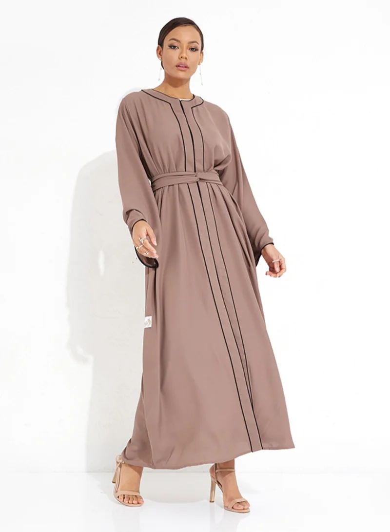 Rosette Abaya Brown Piping Abaya