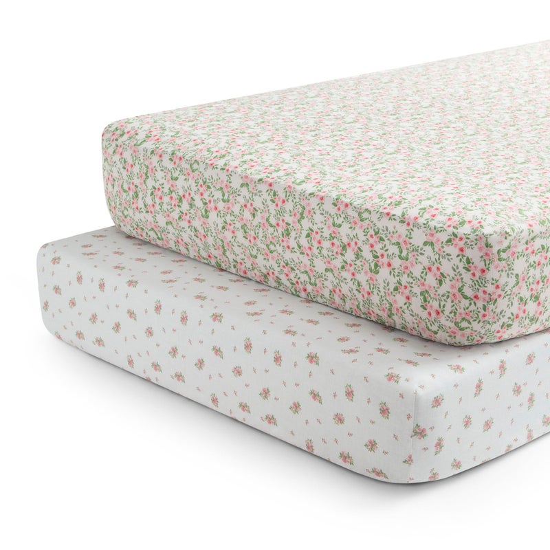 Delta Children Fitted Crib Sheets for Girls and Boys - Crib Sheet for Standard Crib and Toddler Mattresses - 28x52 Inch (Pack of 2), Pink Floral - Image 1
