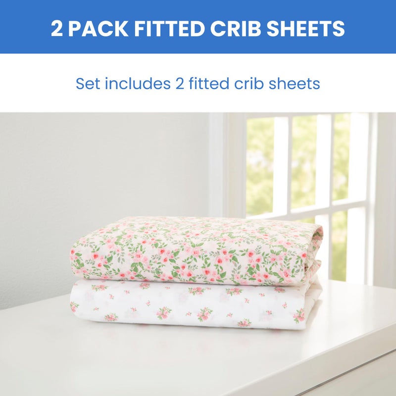 Delta Children Fitted Crib Sheets for Girls and Boys - Crib Sheet for Standard Crib and Toddler Mattresses - 28x52 Inch (Pack of 2), Pink Floral - Image 2