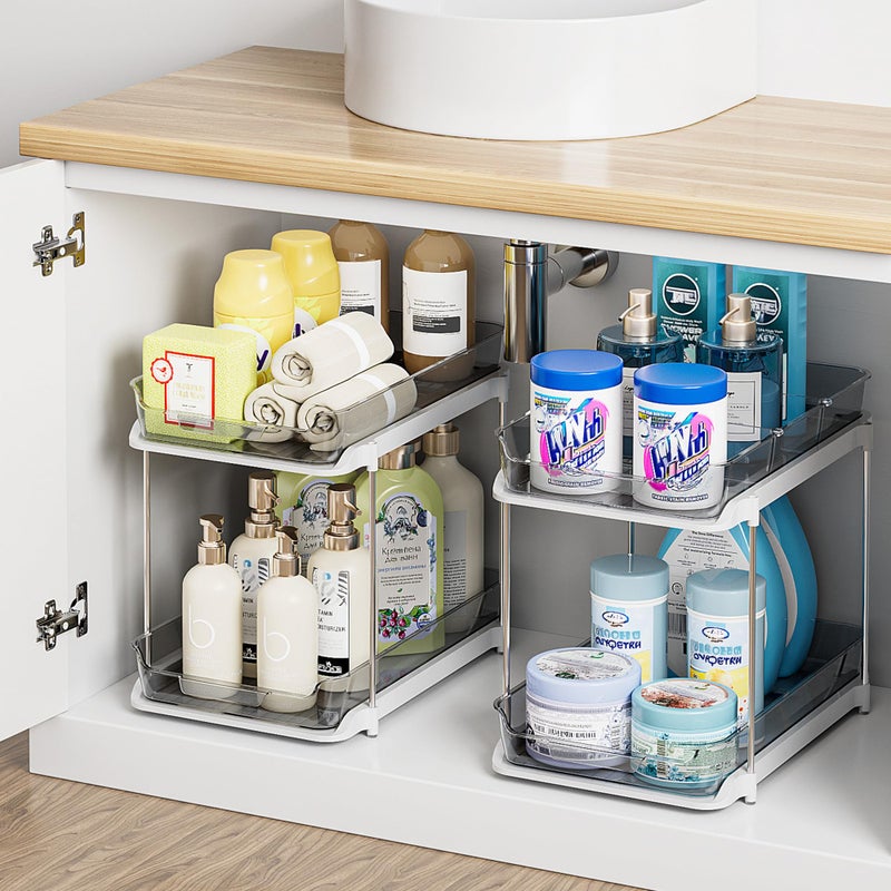Delamu 2-Tier Multi-Purpose Bathroom Under Sink Organizers and Storage, Stackable Kitchen Pantry Organization, Pull Out Medicine Cabinet Organizer with Movable Dividers, Grey, 2 Pack - Image 1