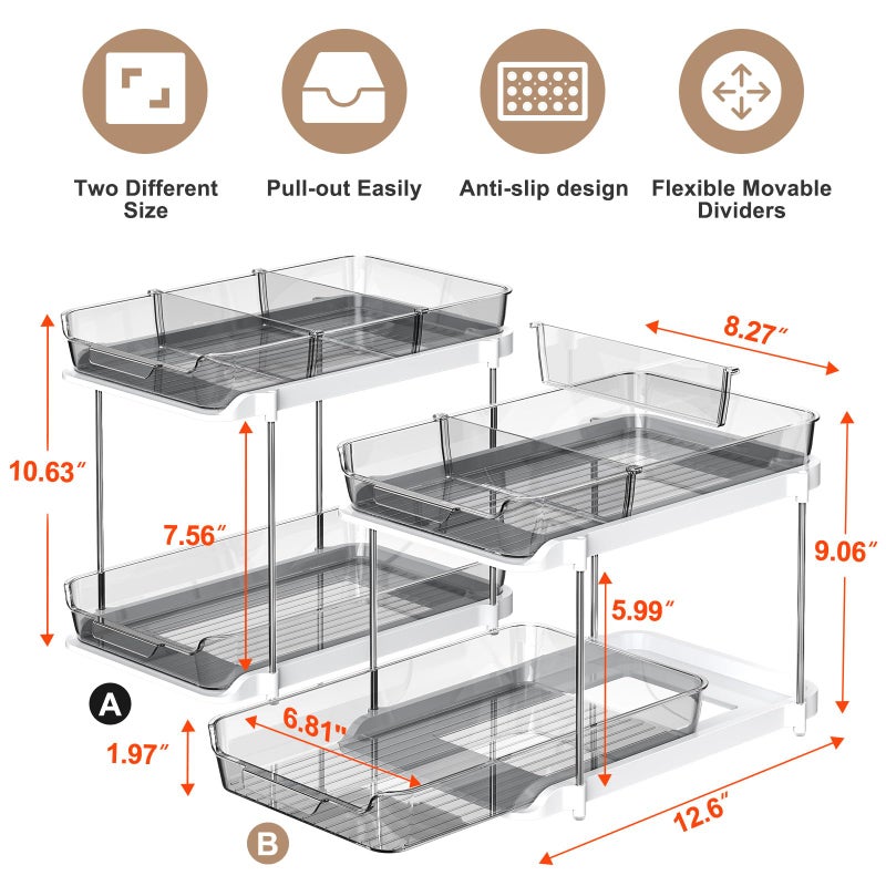 Delamu 2-Tier Multi-Purpose Bathroom Under Sink Organizers and Storage, Stackable Kitchen Pantry Organization, Pull Out Medicine Cabinet Organizer with Movable Dividers, Grey, 2 Pack - Image 2