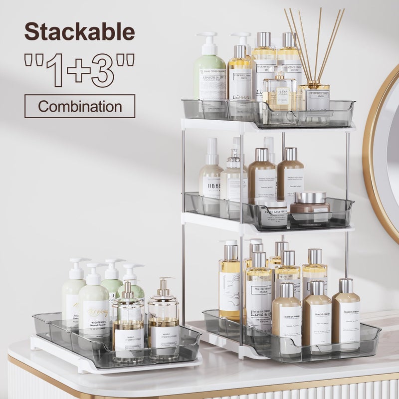 Delamu 2-Tier Multi-Purpose Bathroom Under Sink Organizers and Storage, Stackable Kitchen Pantry Organization, Pull Out Medicine Cabinet Organizer with Movable Dividers, Grey, 2 Pack - Image 3