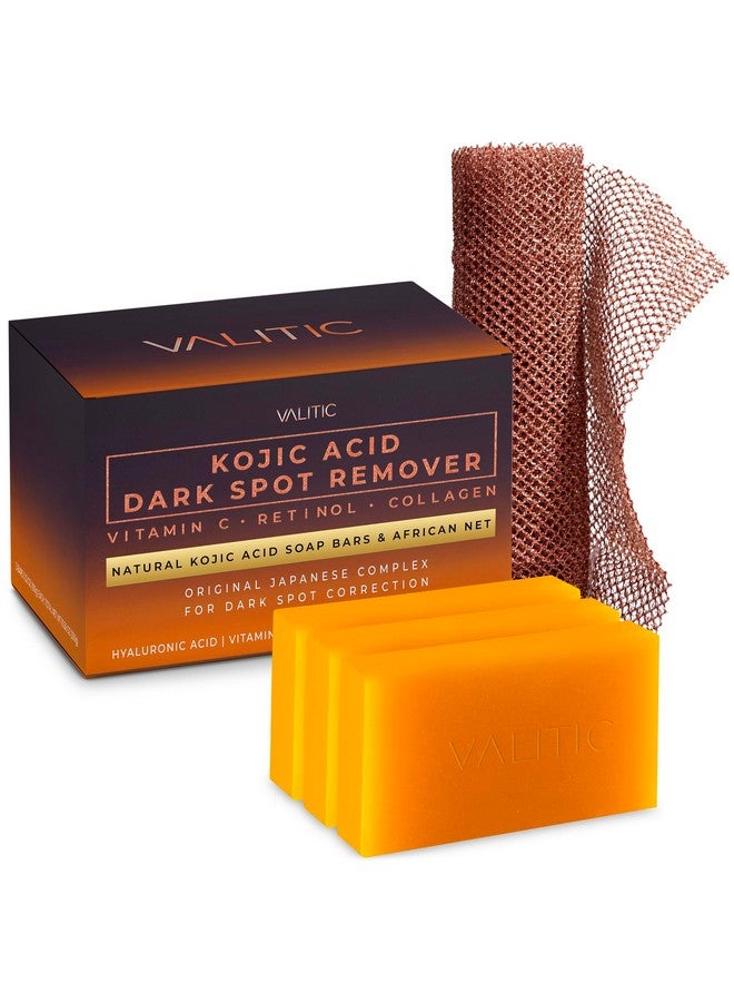 VALITIC Kojic Acid Dark Spot Remover Soap with Turmeric, Vitamin C, Retinol - Original Japanese Complex with Hyaluronic Acid, Vitamin E, Shea Butter, Castile Olive Oil - 3 Pack and African Net Sponge - Image 1