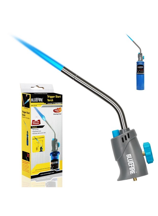 بلو فاير رأس شعلة اللحام بالغاز MRS-7014B من BLUEFIRE للبروبان ووقود MAP PRO، فوهة أنبوب الاحتراق الممتدة 1.5 بوصة، أسطوانة إشعال ذاتي بيزو، لحام، لهب ثلاثي النقاط - Image 1