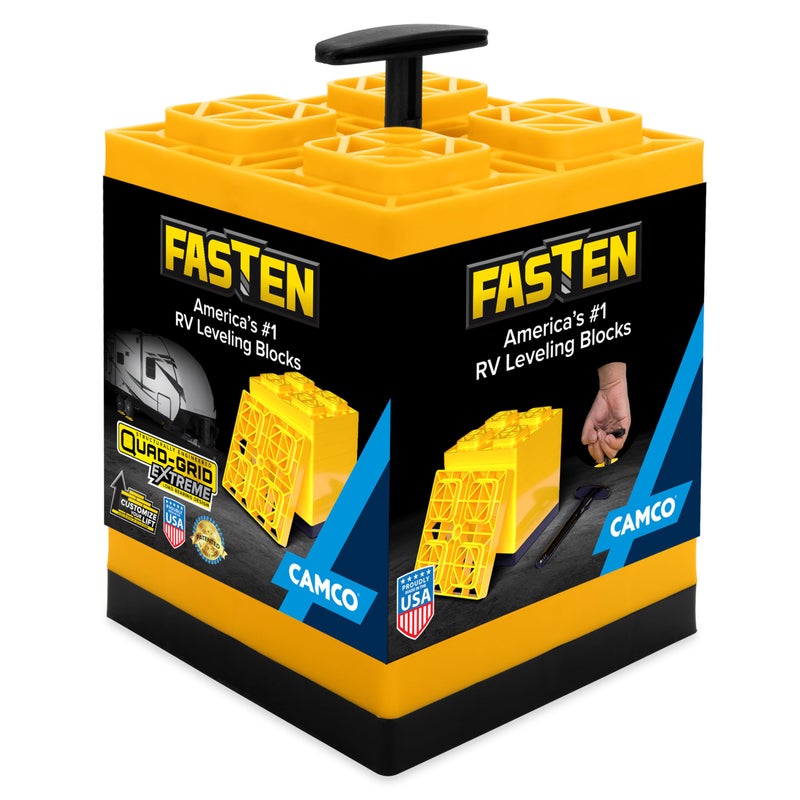Camco Camco Fasten 2x2 Leveling Block for Single Tires-Interlocking Design Allows Stacking to Desired Height-Includes Secure T-Handle Carrying System-Yellow-10 Pack (21022) - Image 1