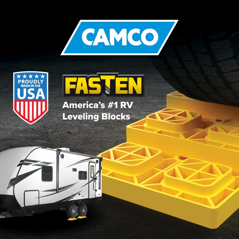 Camco Camco Fasten 2x2 Leveling Block for Single Tires-Interlocking Design Allows Stacking to Desired Height-Includes Secure T-Handle Carrying System-Yellow-10 Pack (21022) - Image 2