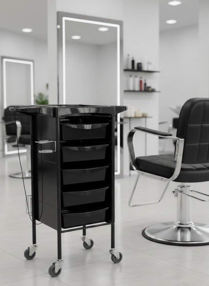 جلوبال ستار عربة صالون احترافية من جلوبال ستار بإطار معدني – 5 أدراج PVC، وأرفف قابلة للسحب، وحامل مجفف الشعر - Image 4