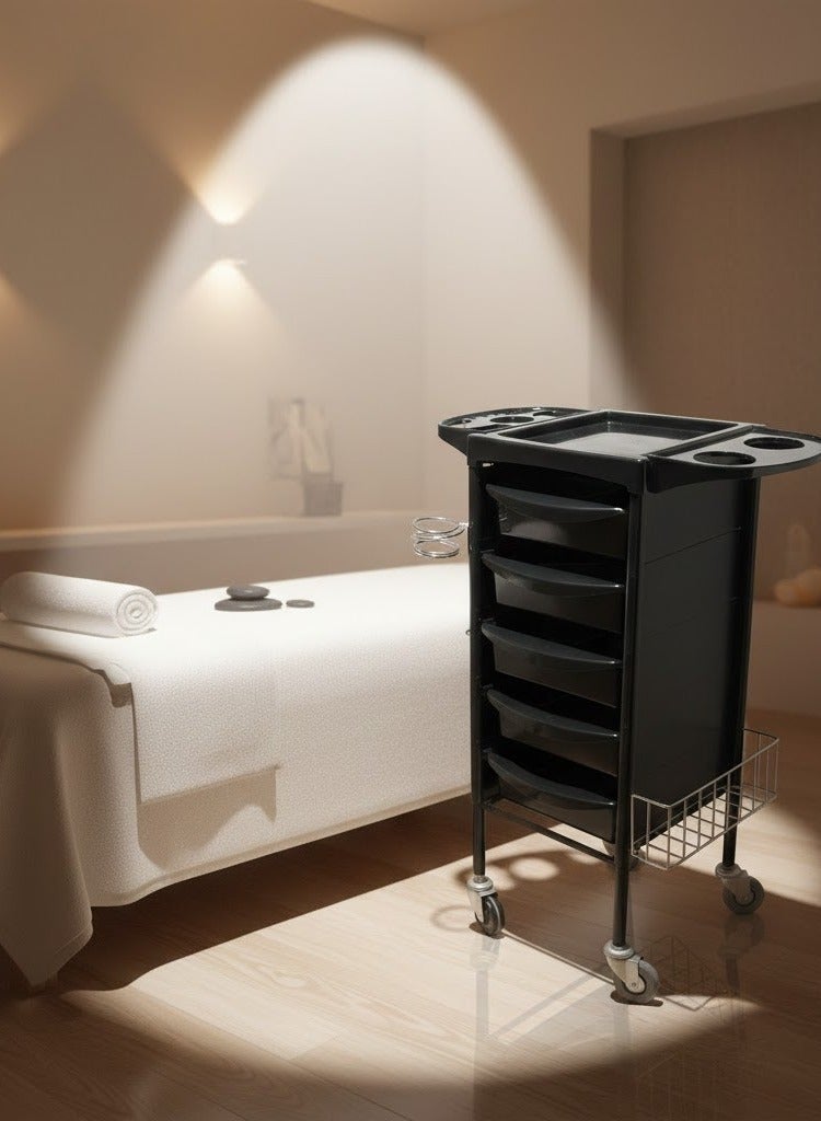 جلوبال ستار عربة صالون احترافية من جلوبال ستار بإطار معدني – 5 أدراج PVC، وأرفف قابلة للسحب، وحامل مجفف الشعر - Image 5